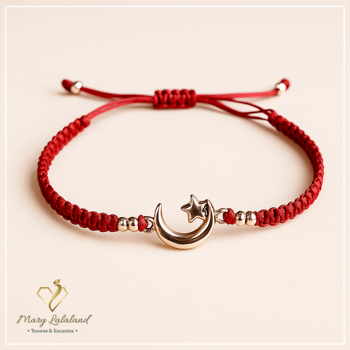 PULSERA DE HILO TEJIDO CON ESTRELLA - LUNA Y ESFERAS DE PLATA REGULABLE