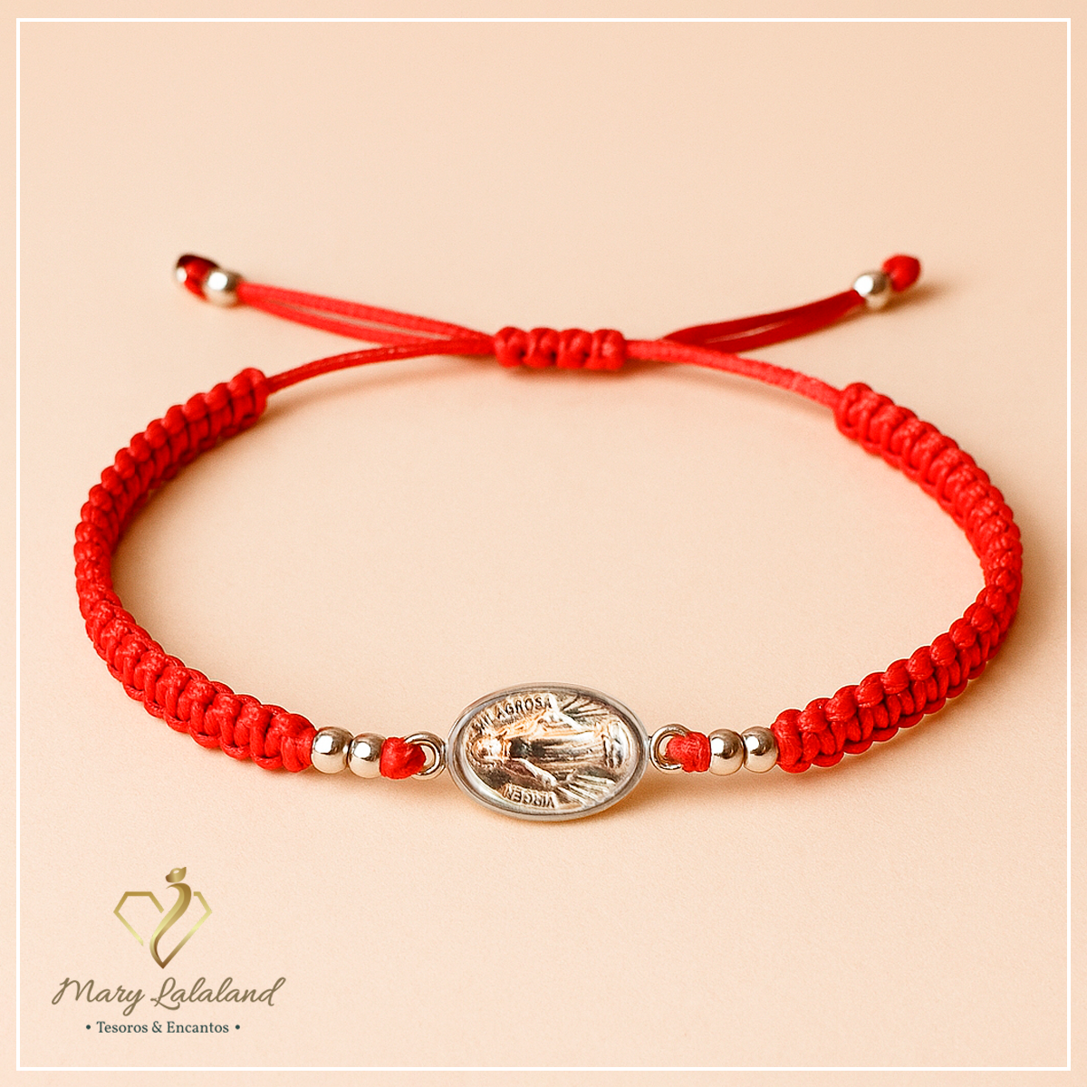 PULSERA DE HILO TEJIDO CON MEDALLA VIRGEN MILAGROSA Y ESFERAS DE PLATA REGULABLE