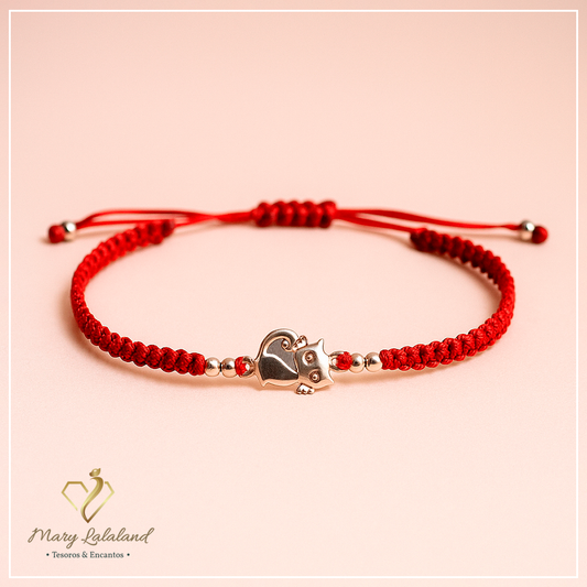 PULSERA DE HILO TEJIDO CON GATITO Y ESFERAS DE PLATA REGULABLE