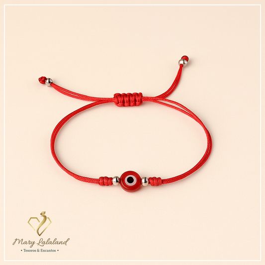 PULSERA DE HILO TEJIDO CON OJO TURCO Y ESFERAS DE PLATA REGULABLE