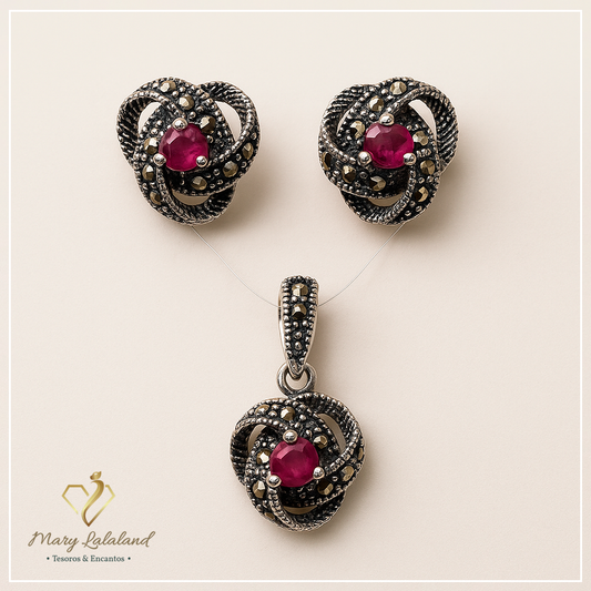 SET DE COLLAR Y ARETES MARQUESITAS EN PLATA QUEMADA